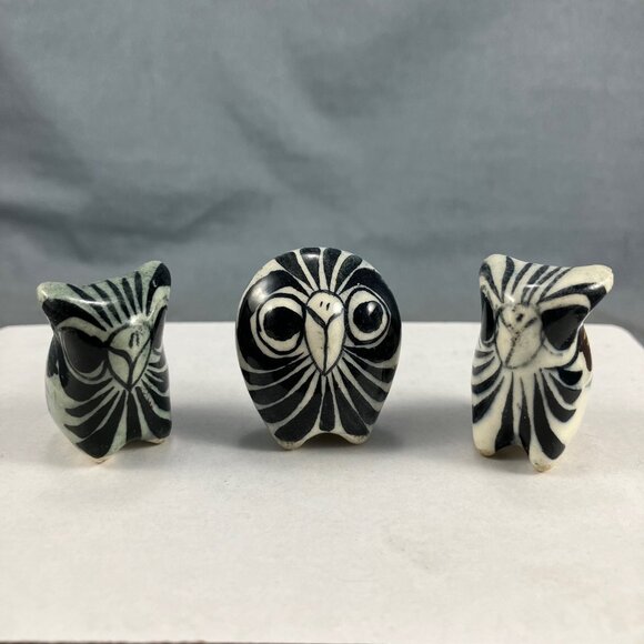3 Mexico Tonala Pottery Owls Vtg Mexican Folk Art 70s, one inch tall - Picture 1 of 7